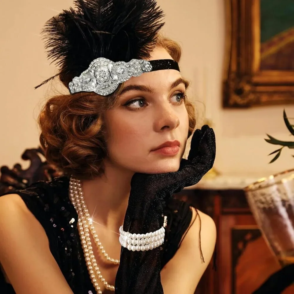 1920s Flapper Accessories Set Womens Costume Headband Gloves Pearl